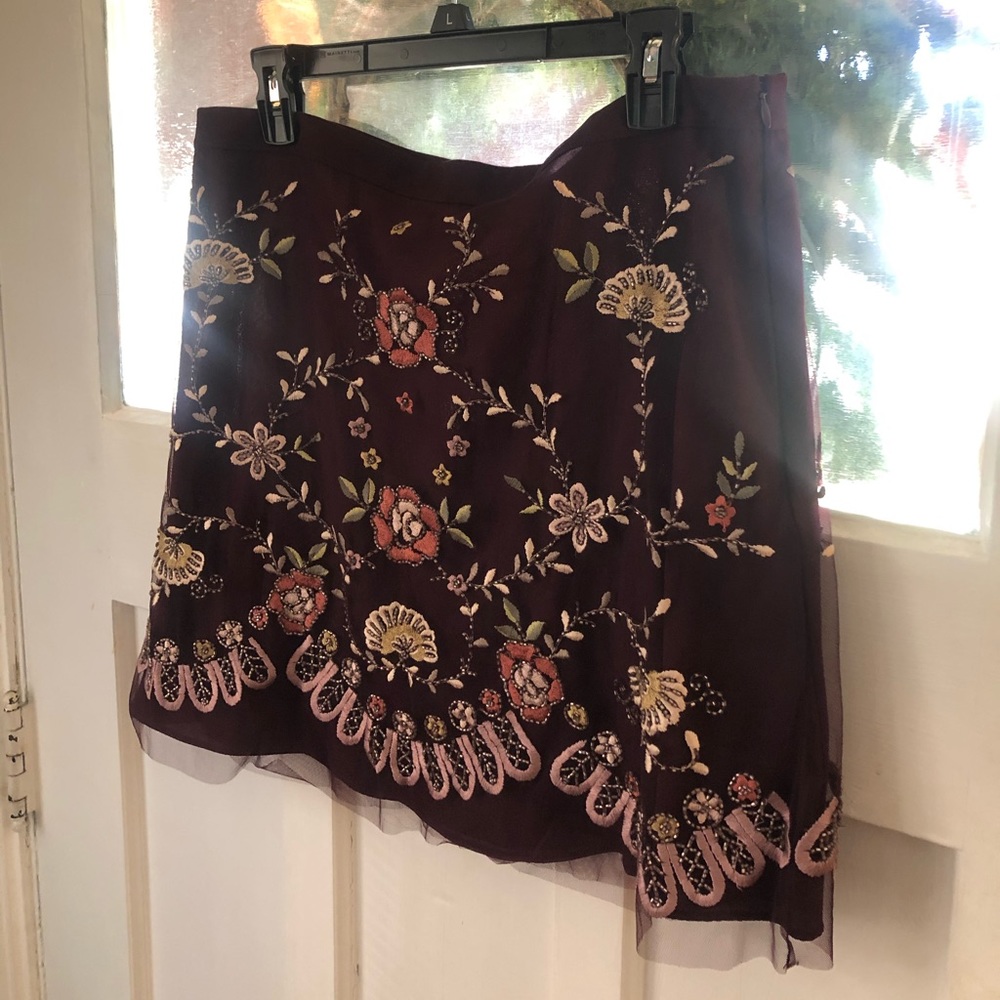 Anthropologie embroidered floral plum skirt